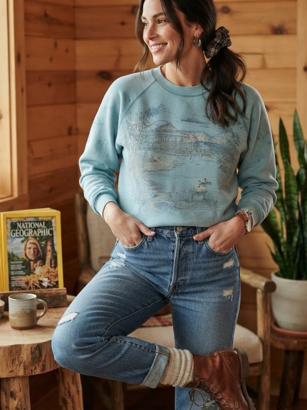 Vintage Northern Reflections Cabin Lake Scenery Graphic Sweatshirt L Blue/Teal M
